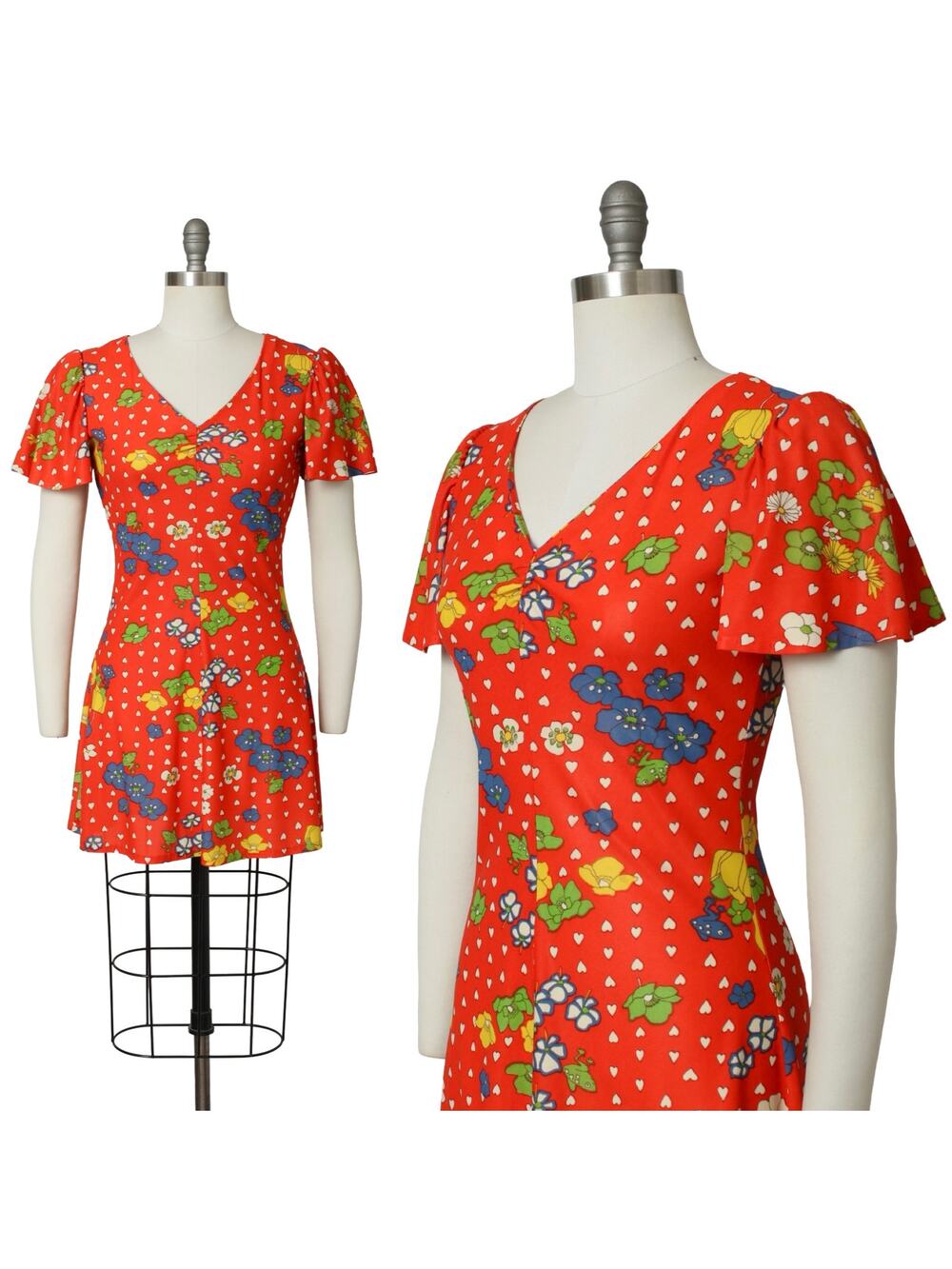 Vintage 1970s Dress 70s Frog Floral Heart Novelty Print Red Mini Skater Retro